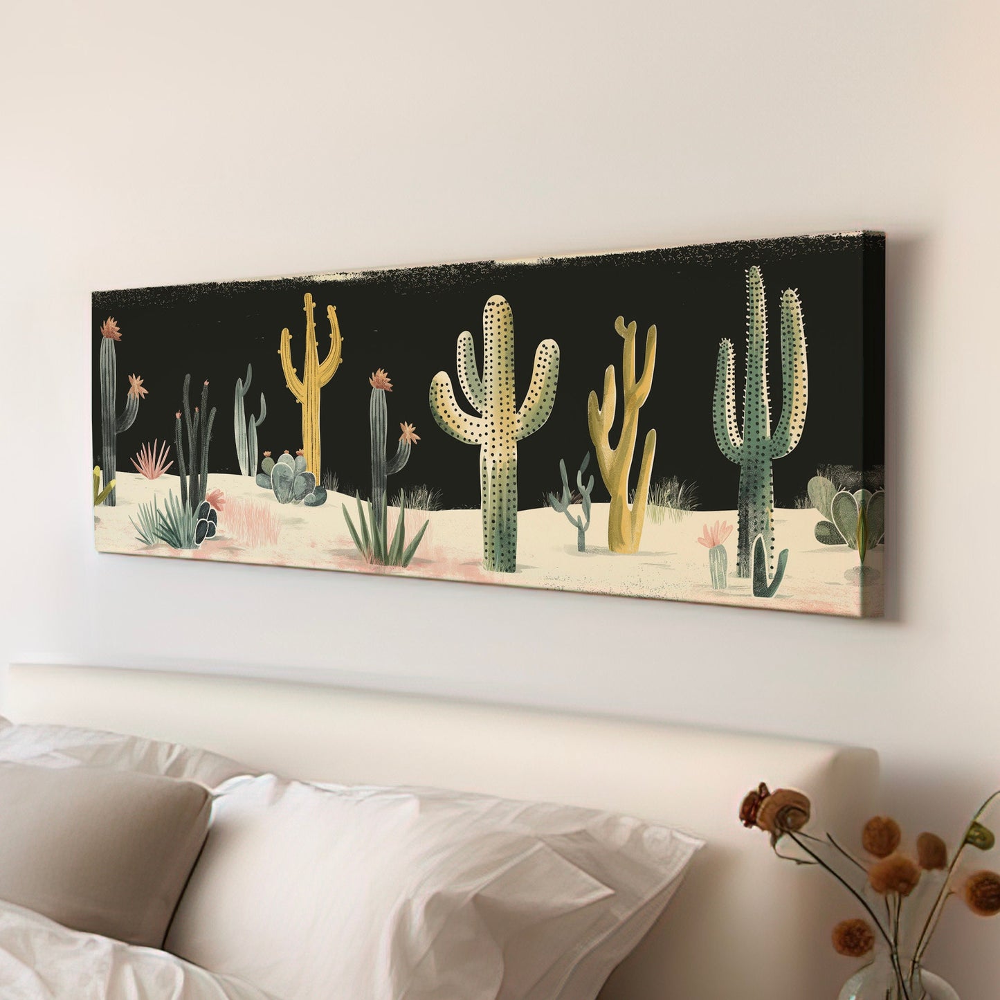 Desert At night Long Horizontal Wall Art For Living Room, Panoramic Southwestern Canvas Print, Cactus Decor Canvas Art