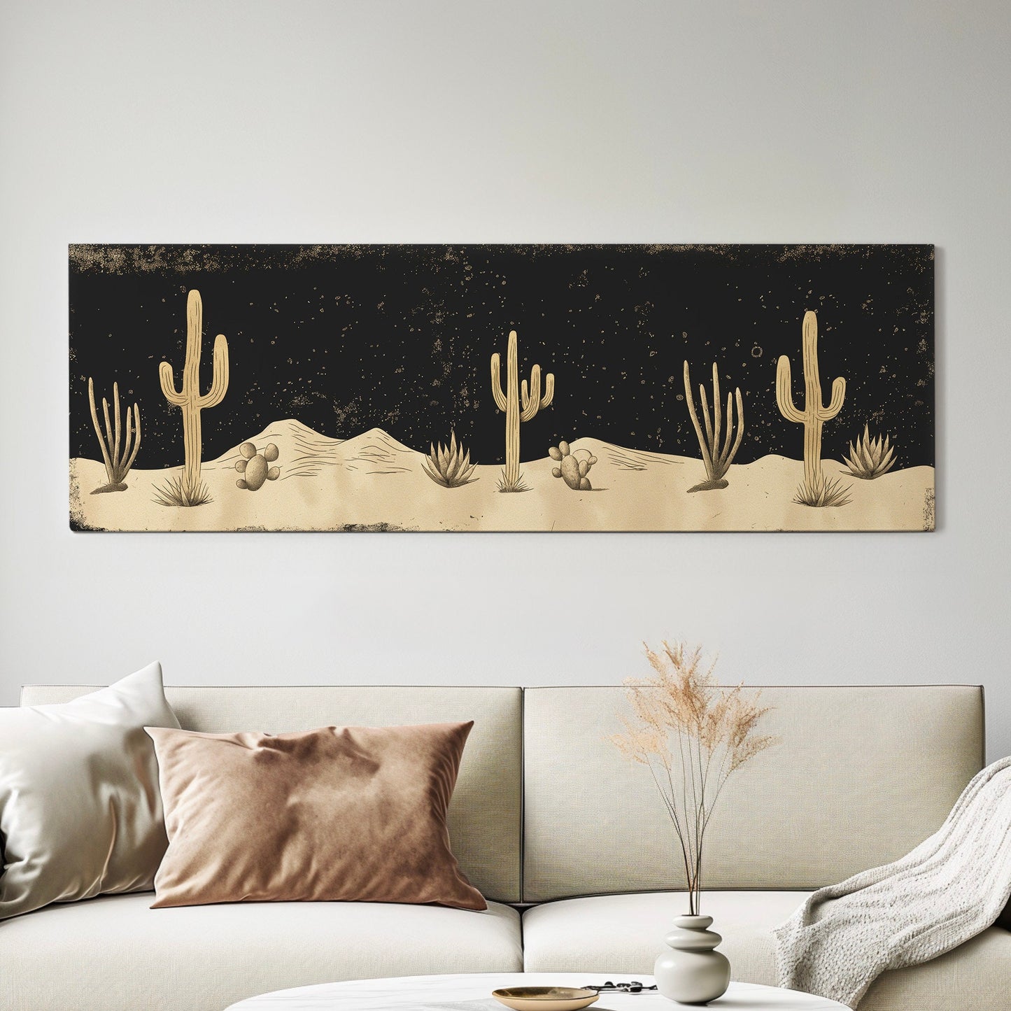 Desert At Midnight Long Horizontal Wall Art Above Bed, Panoramic Southwestern Canvas Print, Farmhouse Decor Canvas Art