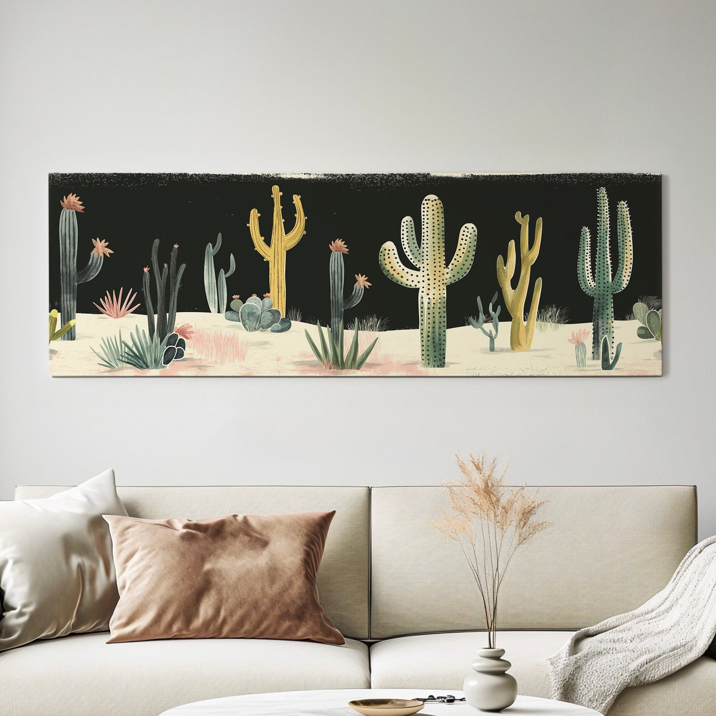 Desert At night Long Horizontal Wall Art For Living Room, Panoramic Southwestern Canvas Print, Cactus Decor Canvas Art