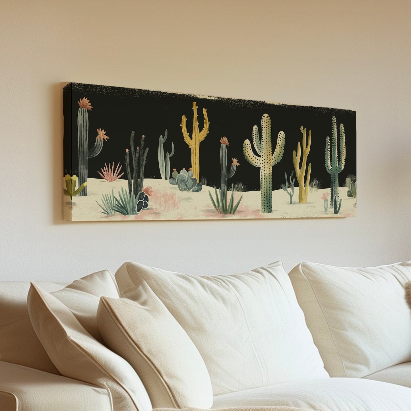 Desert At night Long Horizontal Wall Art For Living Room, Panoramic Southwestern Canvas Print, Cactus Decor Canvas Art