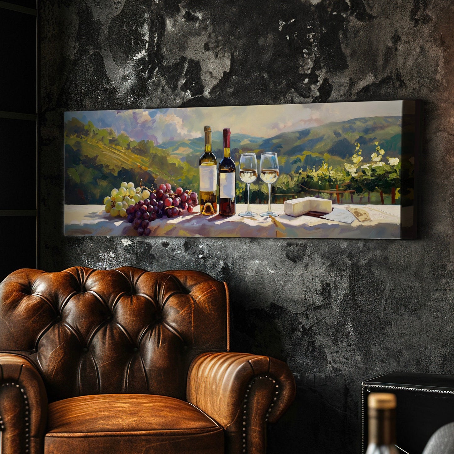 Wine Tasting Above Bed Wall Art Countryside, Panoramic Farmhouse Canvas Print, Vineyard Long Horizontal Canvas Art
