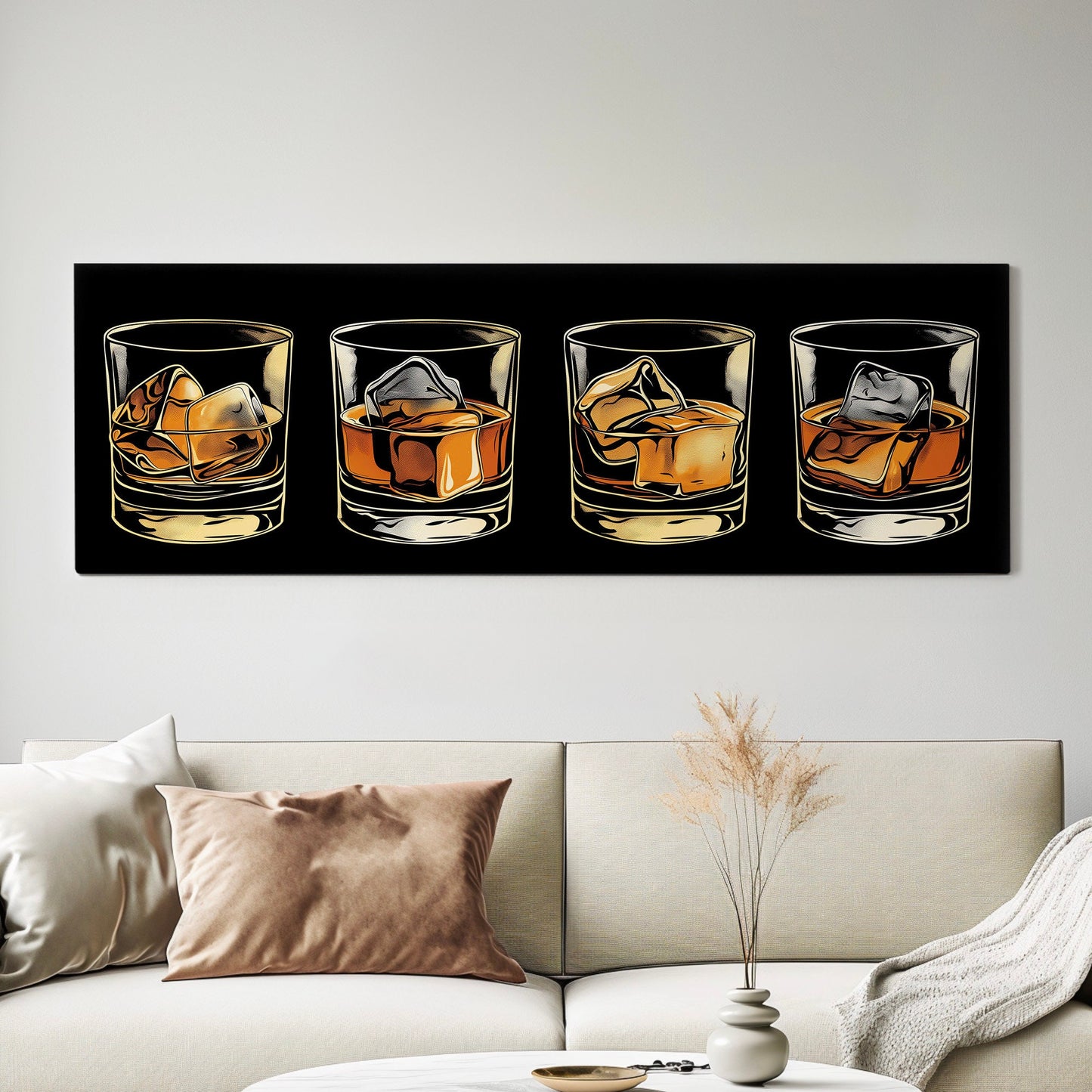 Whiskey Glass Above Bed Wall Art Bourbon Bar, Panoramic Scotch Canvas Print, Man Cave Long Horizontal Canvas Art