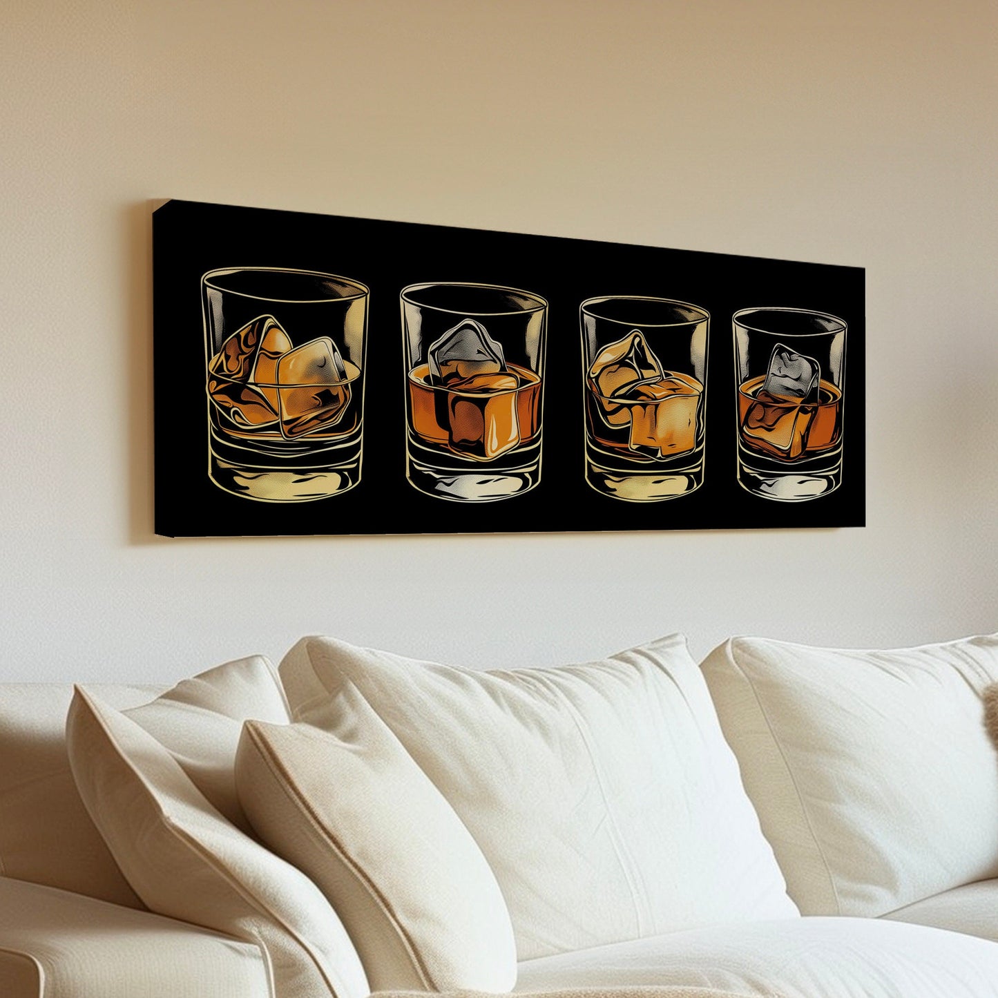 Whiskey Glass Above Bed Wall Art Bourbon Bar, Panoramic Scotch Canvas Print, Man Cave Long Horizontal Canvas Art
