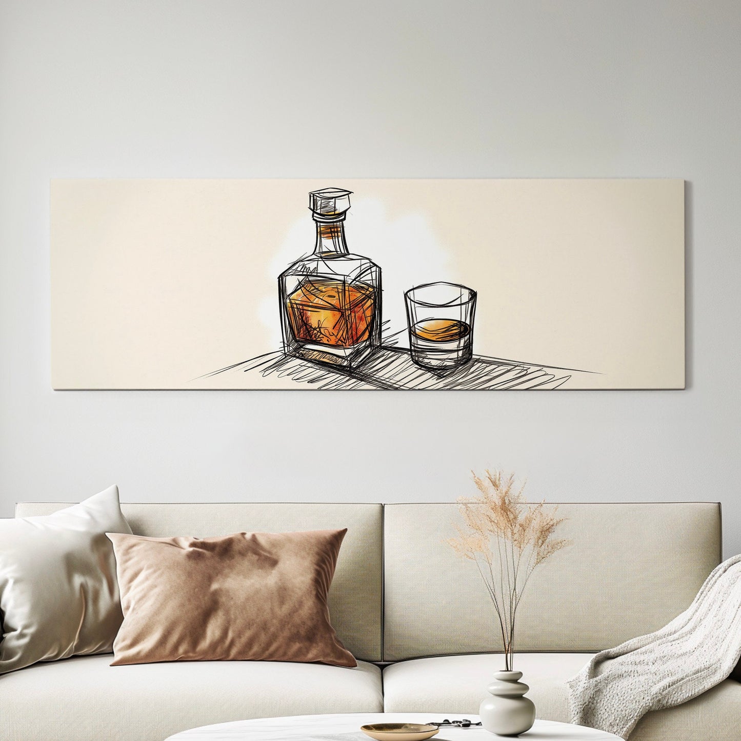 Whiskey Drawing Above Bed Wall Art Bourbon Bar, Panoramic Scotch Canvas Print, Man Cave Long Horizontal Canvas Art