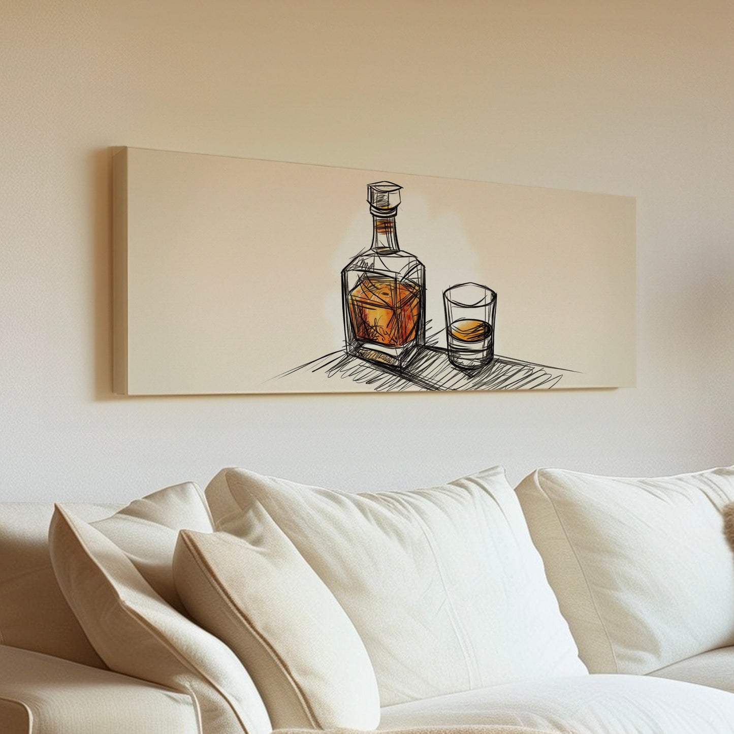 Whiskey Drawing Above Bed Wall Art Bourbon Bar, Panoramic Scotch Canvas Print, Man Cave Long Horizontal Canvas Art