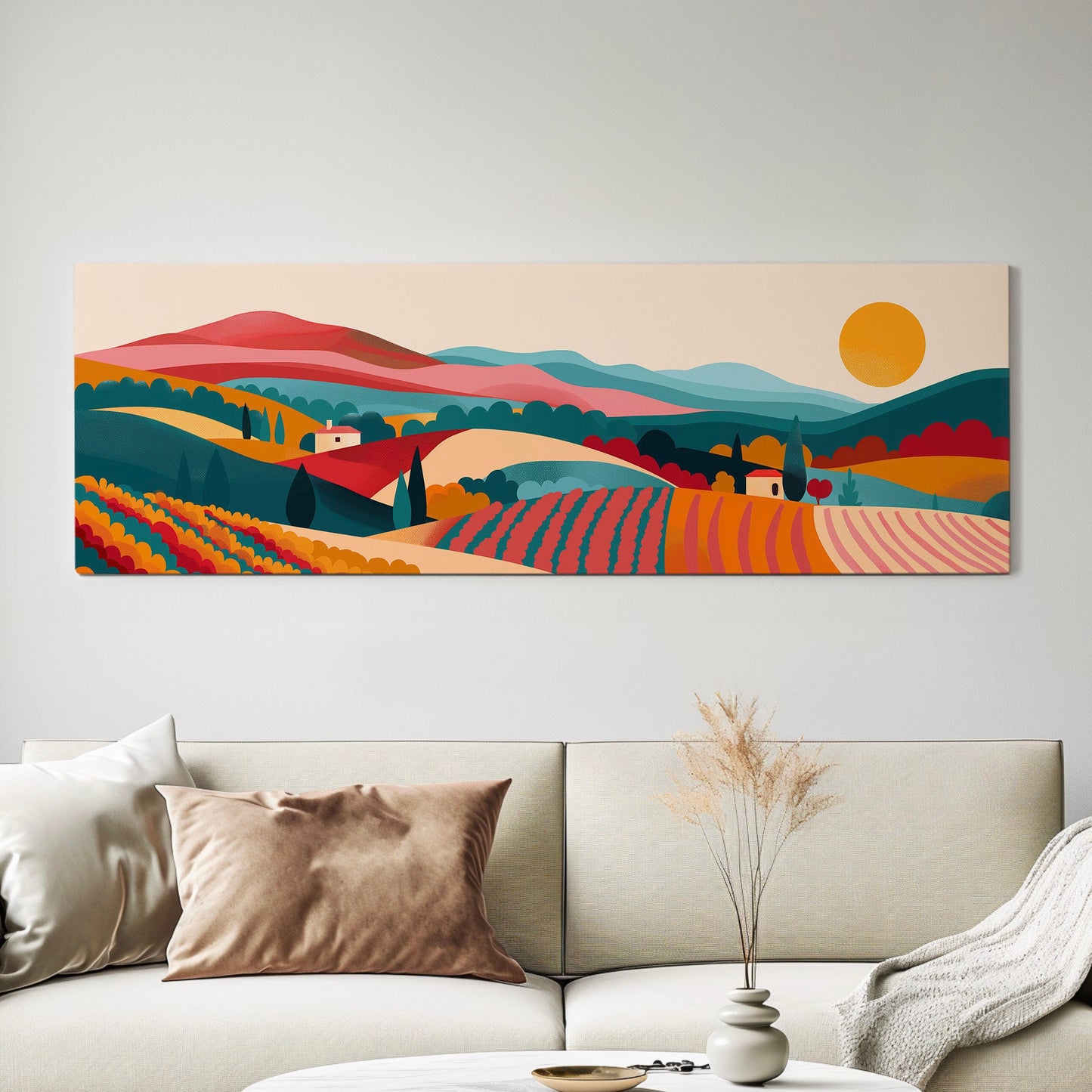 Vineyard Boho Above Bed Wall Art Minimal, Panoramic Wine Tasting Canvas Print, Vineyard Long Horizontal Canvas Art