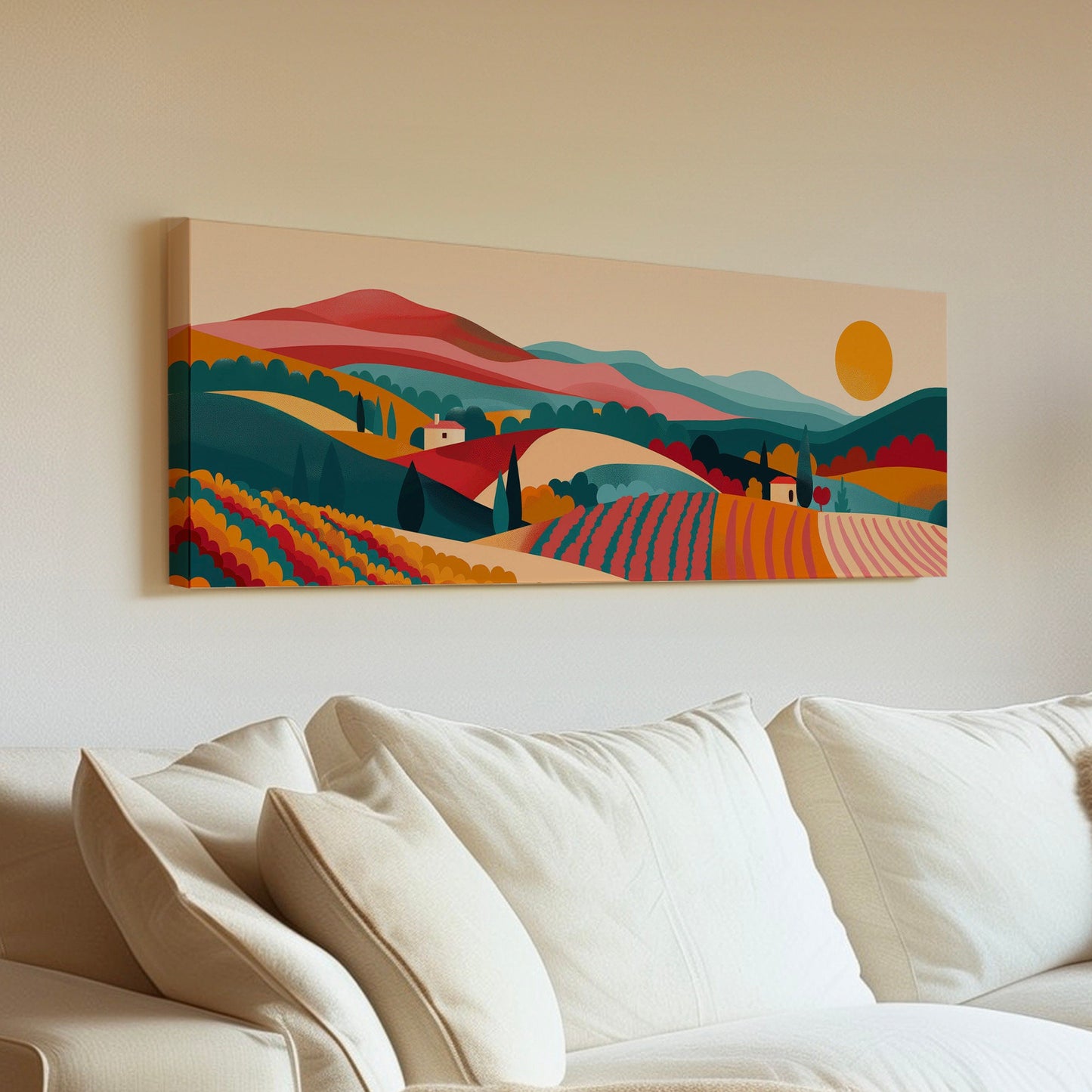 Vineyard Boho Above Bed Wall Art Minimal, Panoramic Wine Tasting Canvas Print, Vineyard Long Horizontal Canvas Art