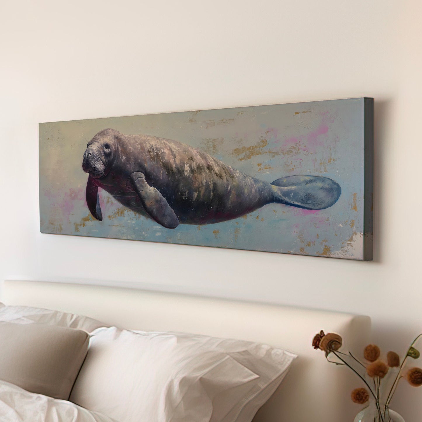 Swimming Manatee Above Bed Wall Art Ocean Life, Panoramic Minimal Canvas Print, Tropical Long Horizontal Canvas Art