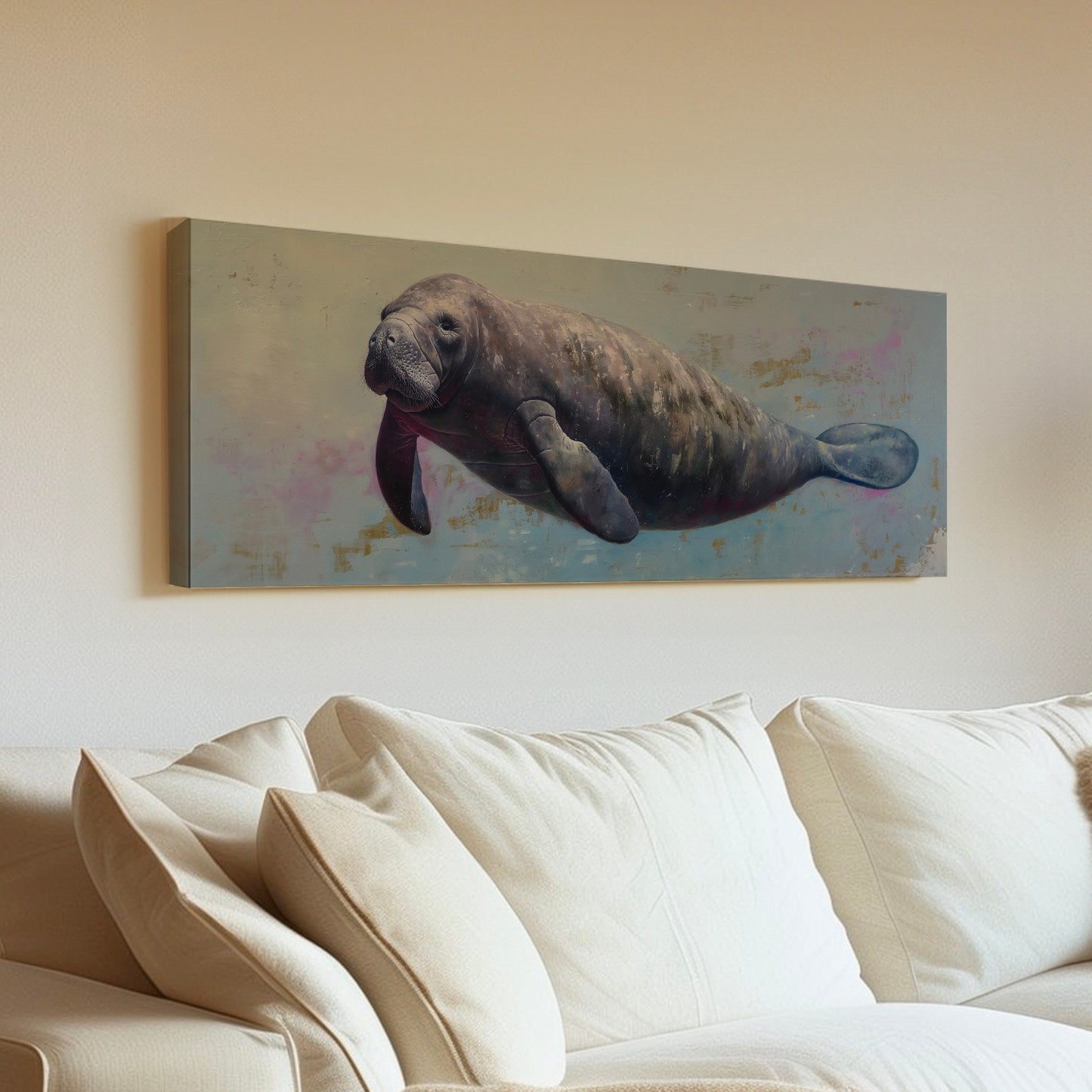 Swimming Manatee Above Bed Wall Art Ocean Life, Panoramic Minimal Canvas Print, Tropical Long Horizontal Canvas Art