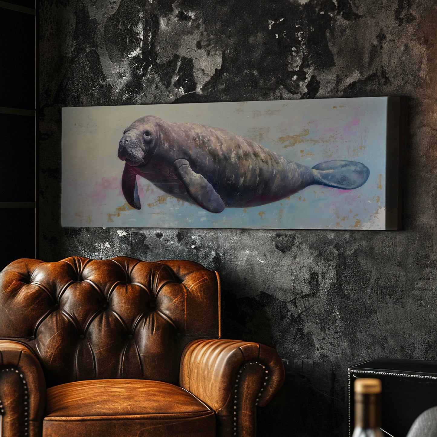 Swimming Manatee Above Bed Wall Art Ocean Life, Panoramic Minimal Canvas Print, Tropical Long Horizontal Canvas Art