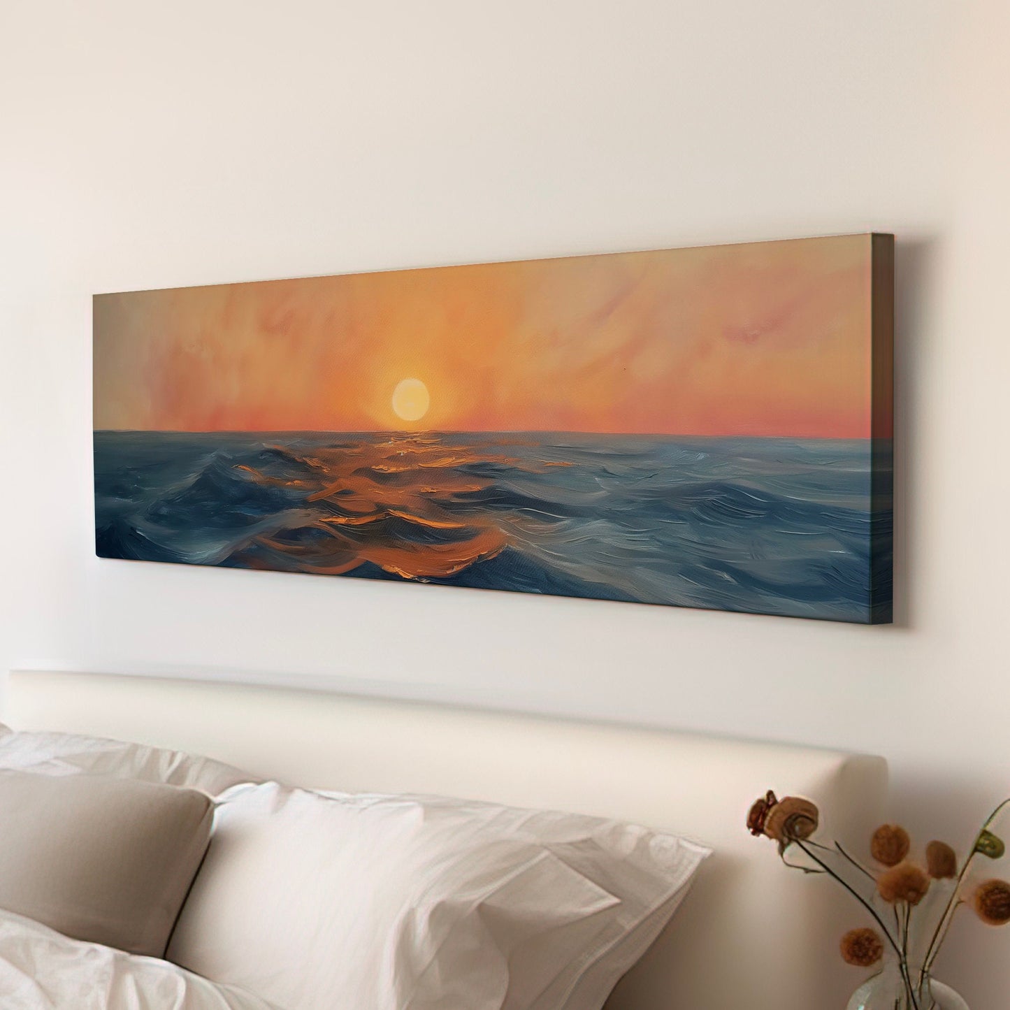 Sunset Over The Ocean Above Bed Wall Art Modern Abstract, Panoramic Sunrise Canvas Print, Seascape Long Horizontal Canvas Art