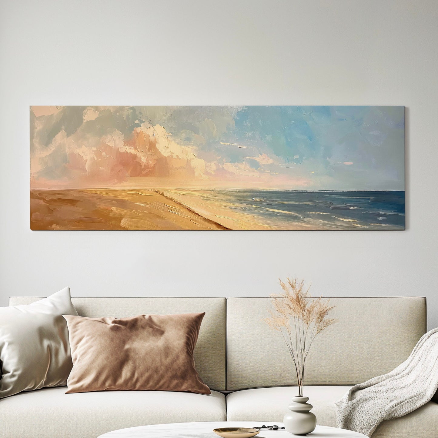 Sunset Over The Ocean Above Bed Wall Art Modern Abstract, Panoramic Oil Canvas Print, Seascape Long Horizontal Canvas Art