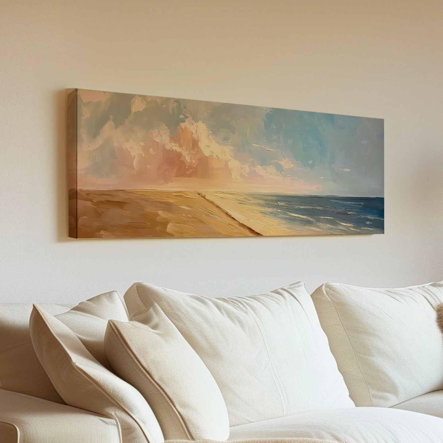 Sunset Over The Ocean Above Bed Wall Art Modern Abstract, Panoramic Oil Canvas Print, Seascape Long Horizontal Canvas Art