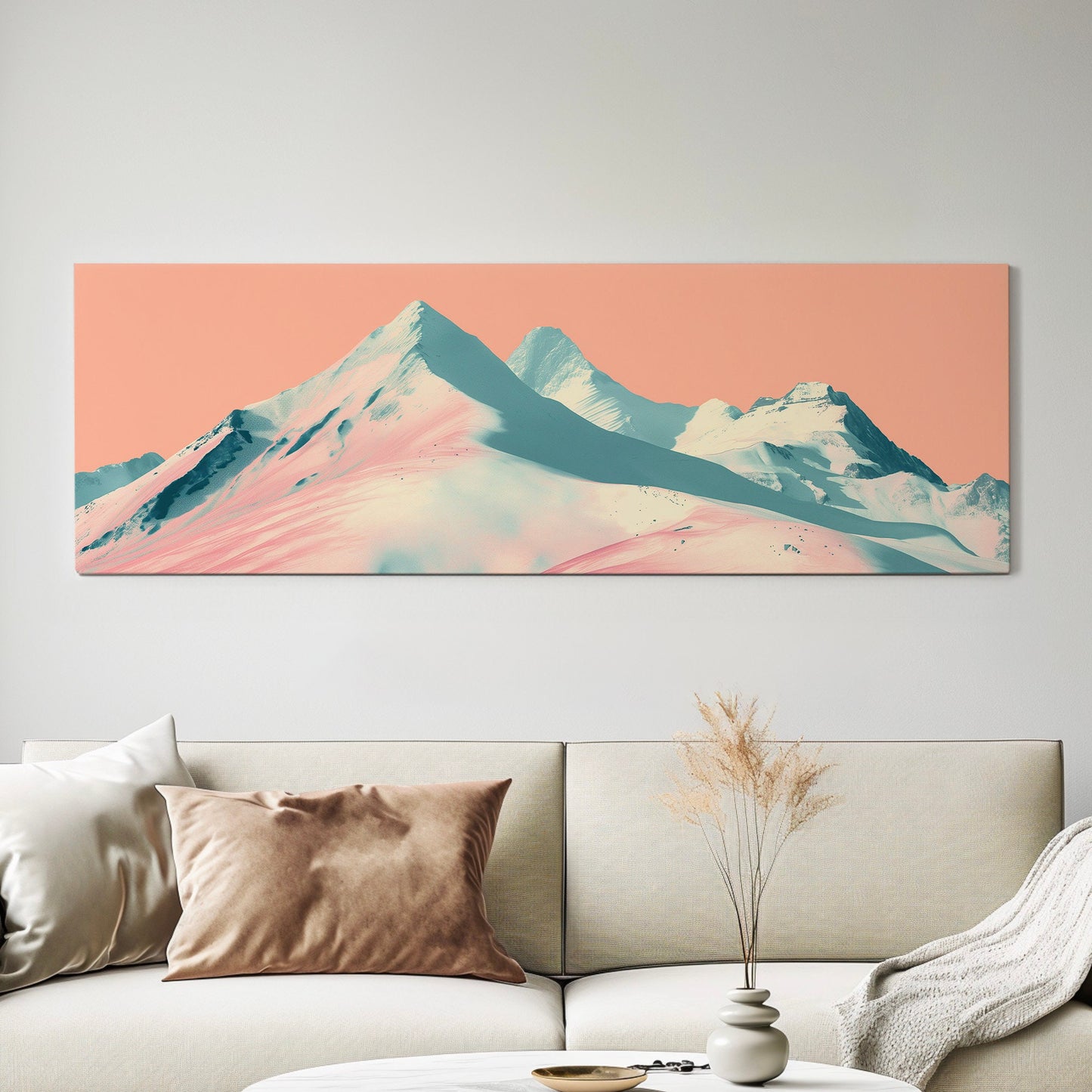 Ski Paradise Above Bed Wall Art Mountain Landscape, Panoramic Abstract Canvas Print, Pink Sky Long Horizontal Canvas Art