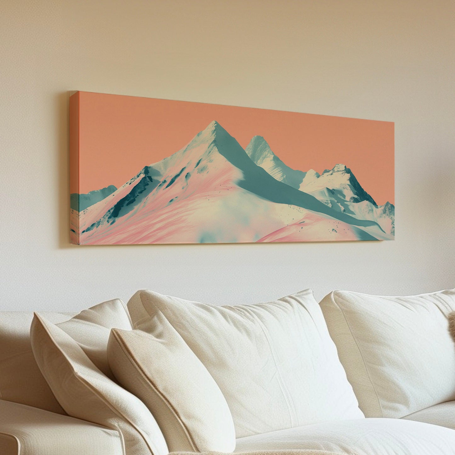 Ski Paradise Above Bed Wall Art Mountain Landscape, Panoramic Abstract Canvas Print, Pink Sky Long Horizontal Canvas Art