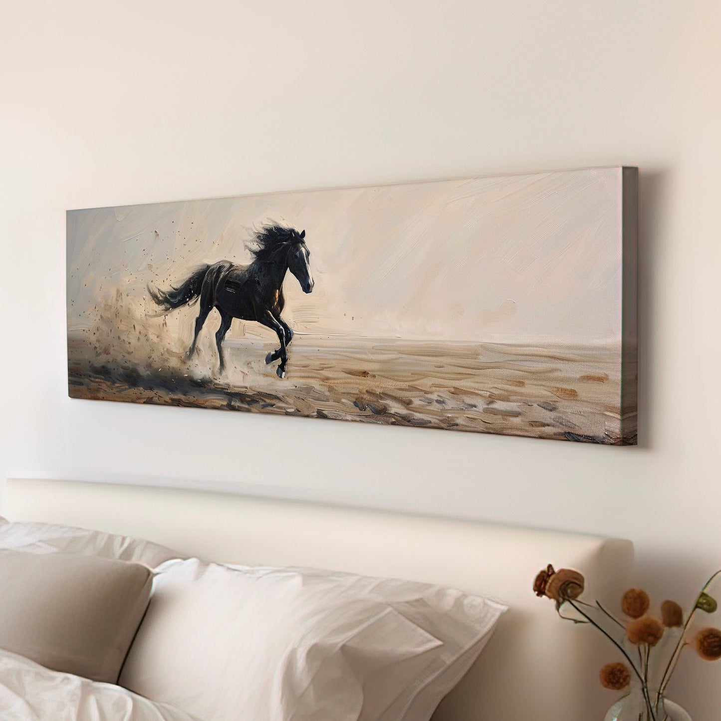 Running Horse Above Bed Wall Art Modern Oil, Panoramic Raging Horse Canvas Print, Farmhouse Long Horizontal Canvas Art