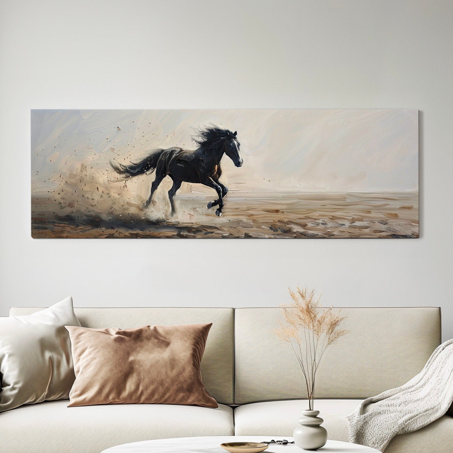Running Horse Above Bed Wall Art Modern Oil, Panoramic Raging Horse Canvas Print, Farmhouse Long Horizontal Canvas Art