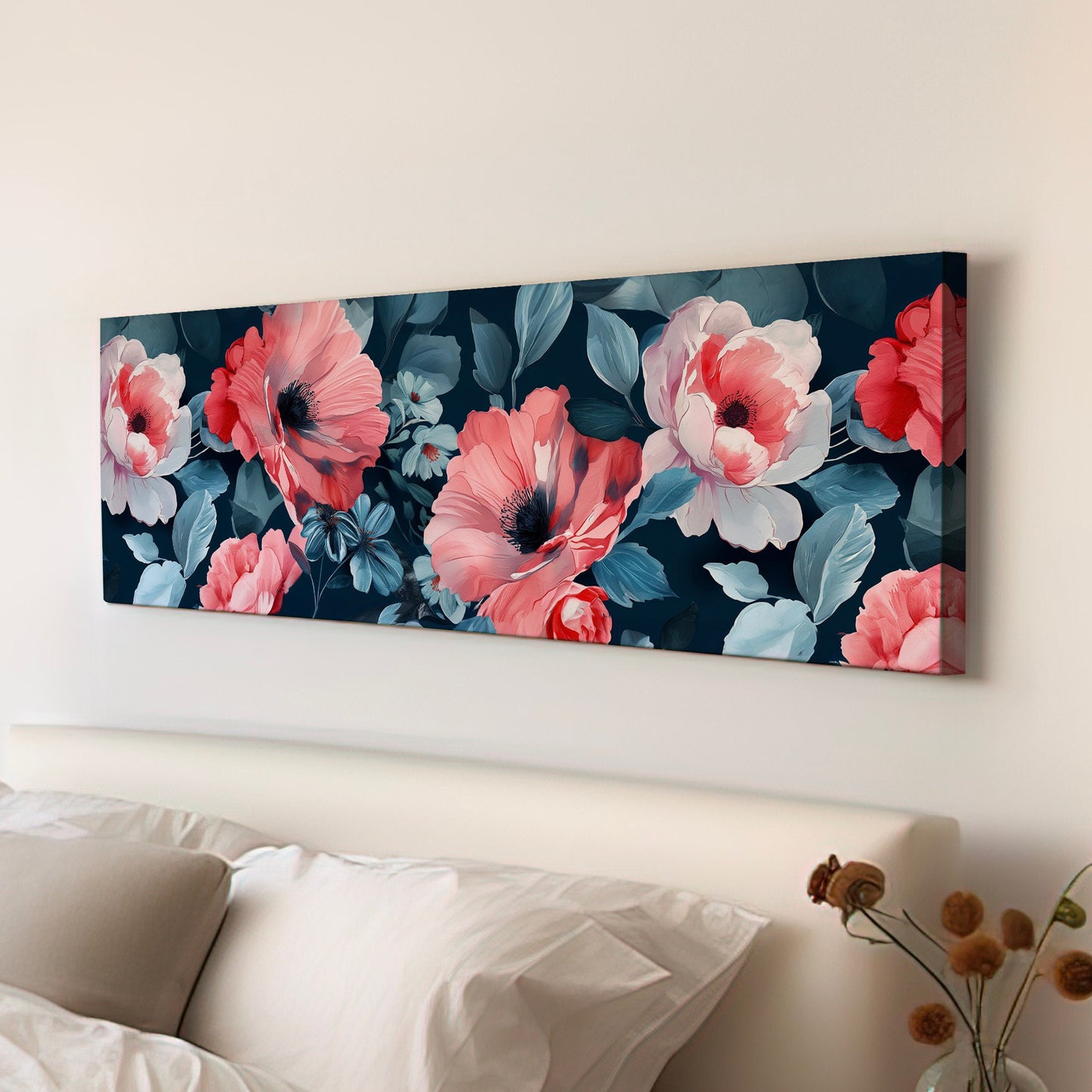 Red Peony Above Bed Wall Art Baroque Bouquet, Panoramic Floral Canvas Print, Flower Long Horizontal Canvas Art