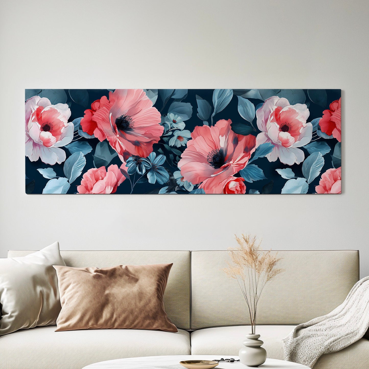 Red Peony Above Bed Wall Art Baroque Bouquet, Panoramic Floral Canvas Print, Flower Long Horizontal Canvas Art