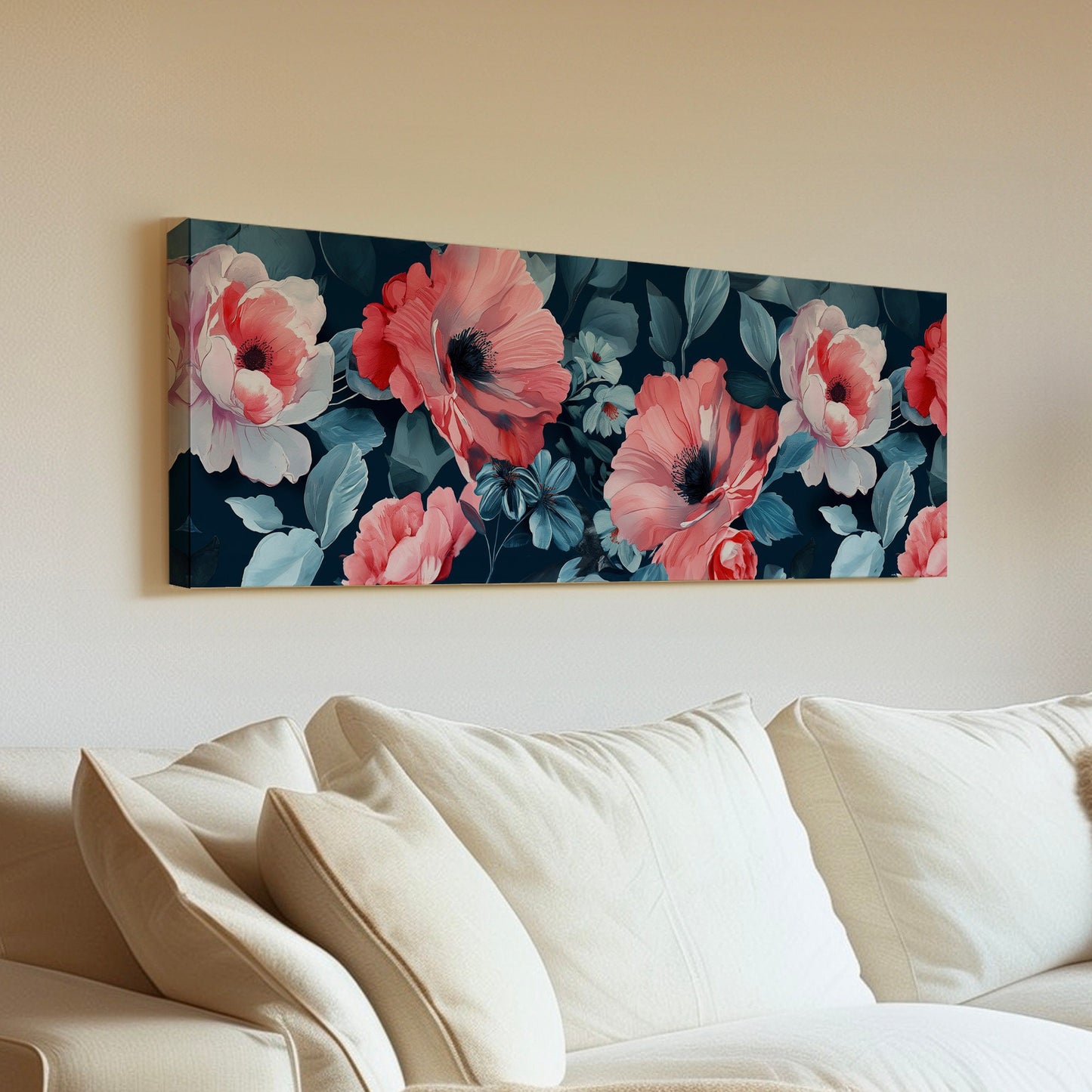 Red Peony Above Bed Wall Art Baroque Bouquet, Panoramic Floral Canvas Print, Flower Long Horizontal Canvas Art