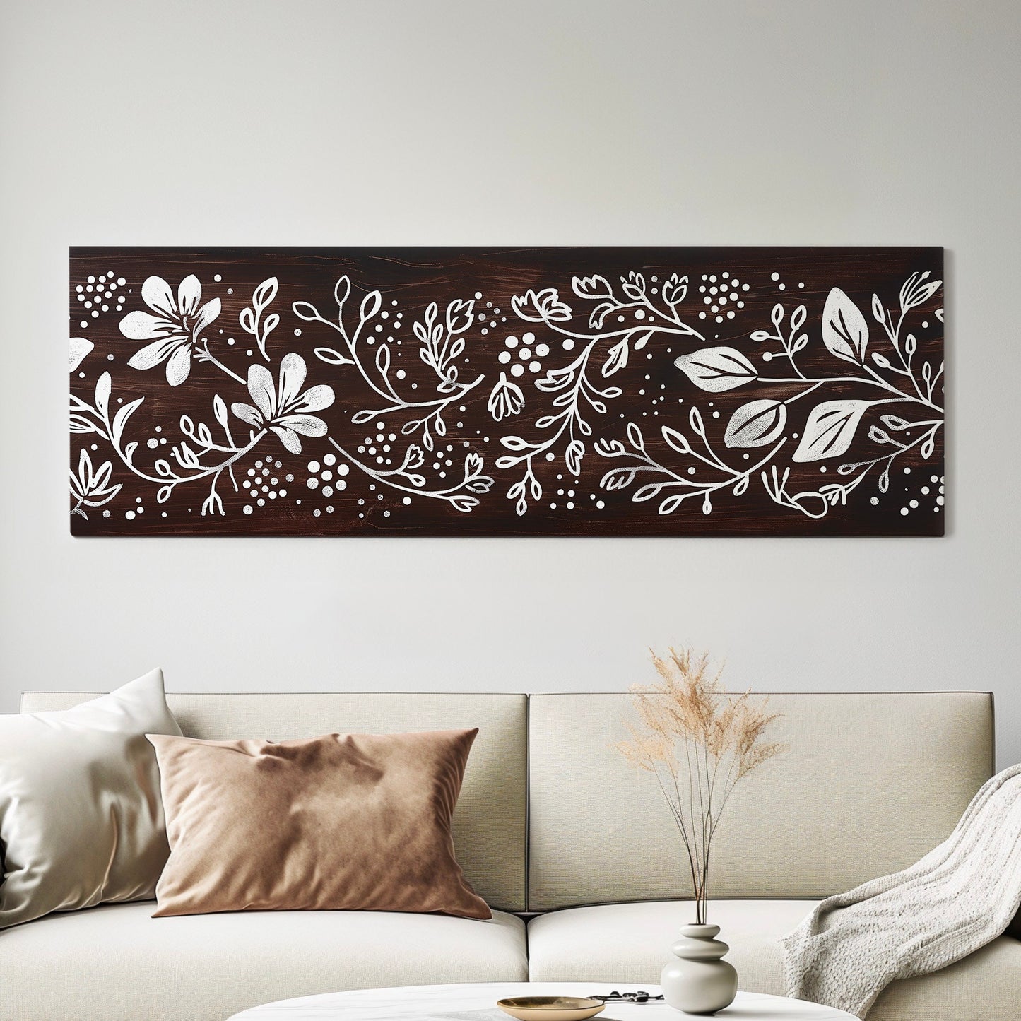 Polka Dot Line Art Above Bed Wall Art Floral, Panoramic Minimal Canvas Print, Flower Long Horizontal Canvas Art