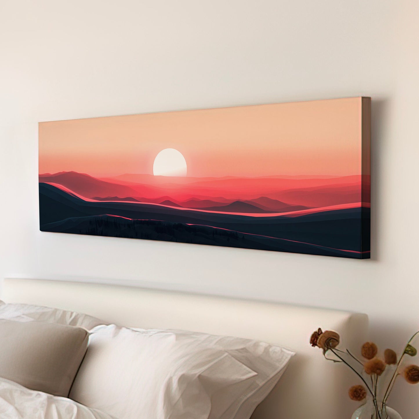 Pink Sunset Above Bed Wall Art Beautiful Scene, Panoramic Mountains Canvas Print, Nature Long Horizontal Canvas Art