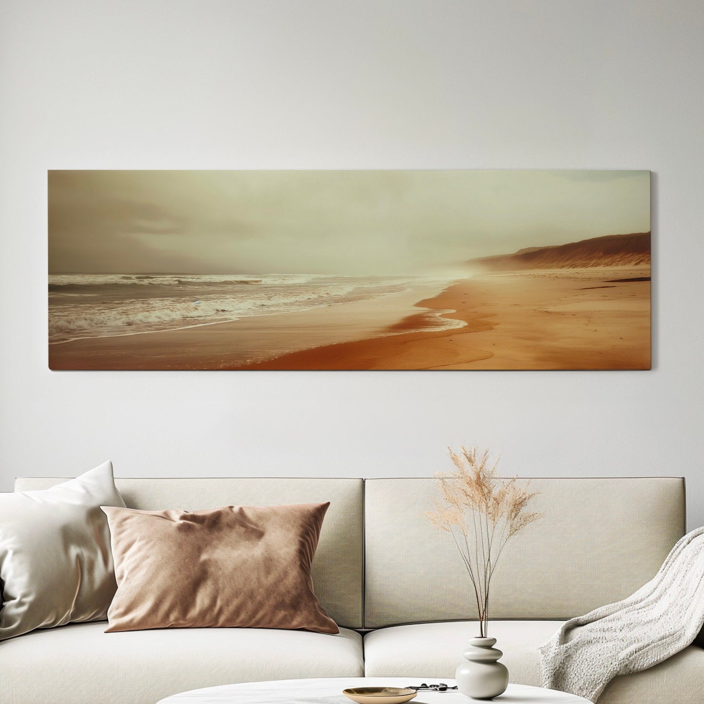 Muted Beach Above Bed Wall Art Sandy, Panoramic Neutral Canvas Print, Minimal Long Horizontal Canvas Art