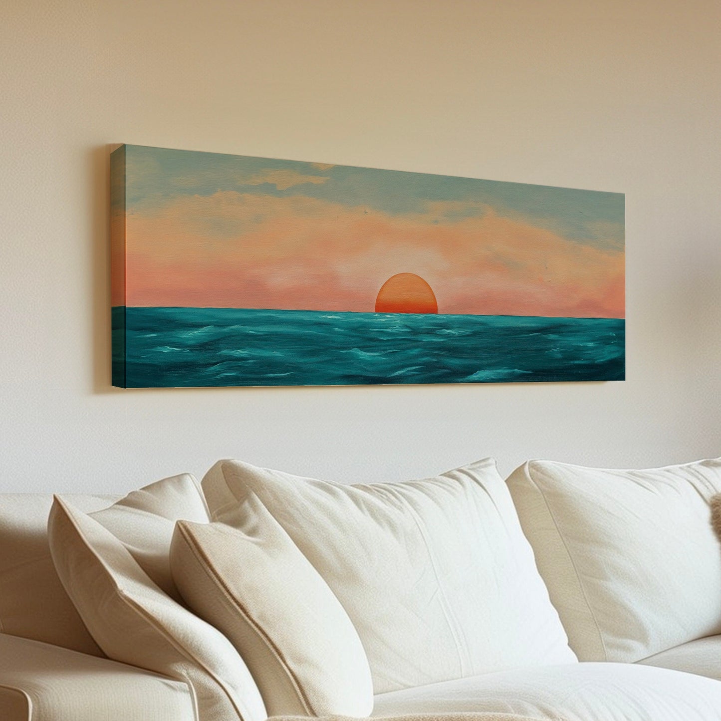 Minimal Sunset Over The Ocean Above Bed Wall Art Modern Abstract, Panoramic Sunrise Canvas Print, Seascape Long Horizontal Canvas Art