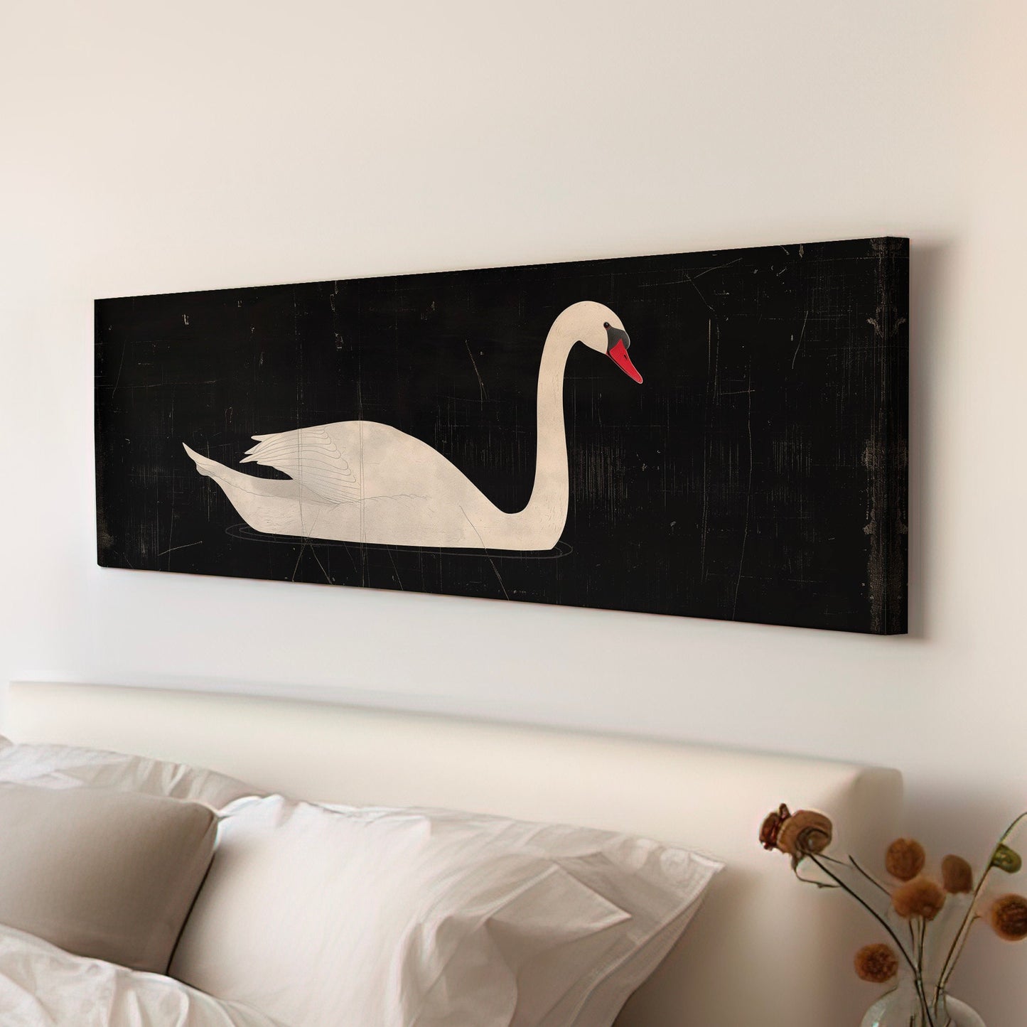 Lone Swan Above Bed Wall Art Black and White, Panoramic Farmhouse Canvas Print, Vintage Long Horizontal Canvas Art