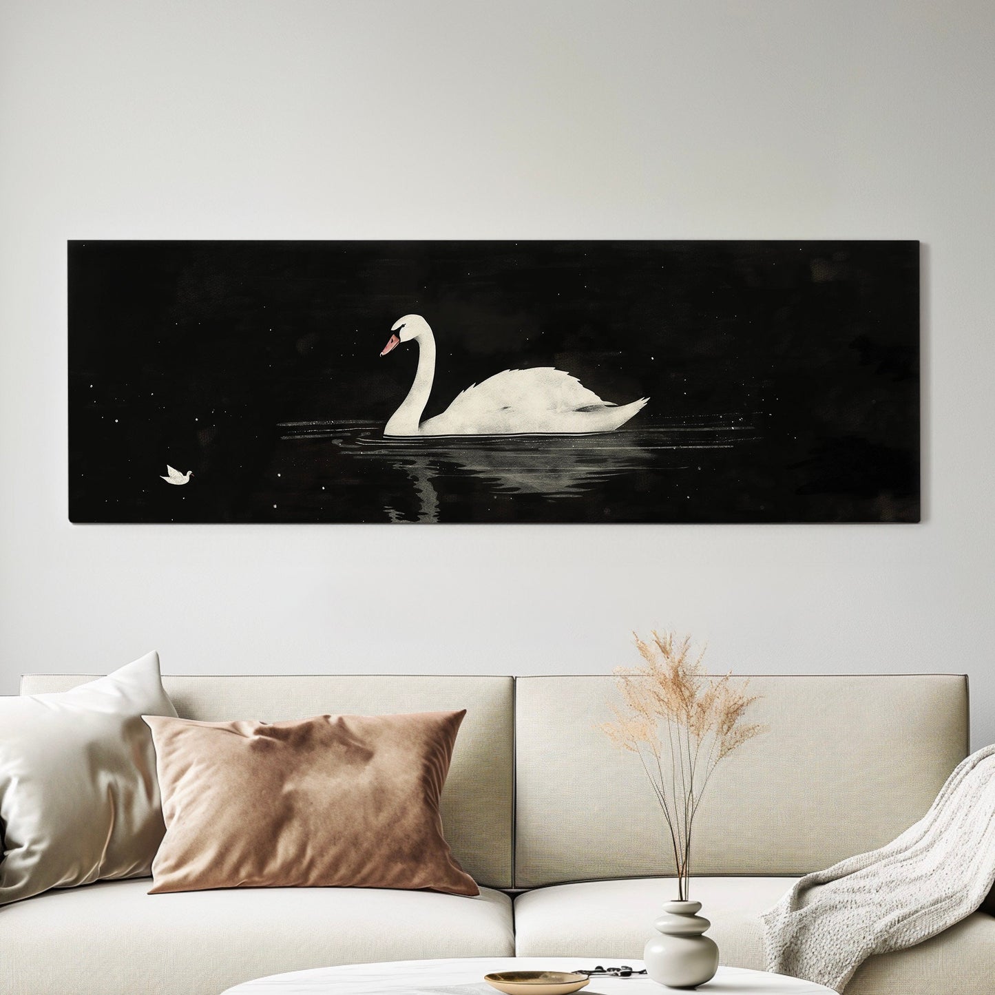 Lone Swan Above Bed Wall Art Black and White, Panoramic Farmhouse Canvas Print, Antique Long Horizontal Canvas Art
