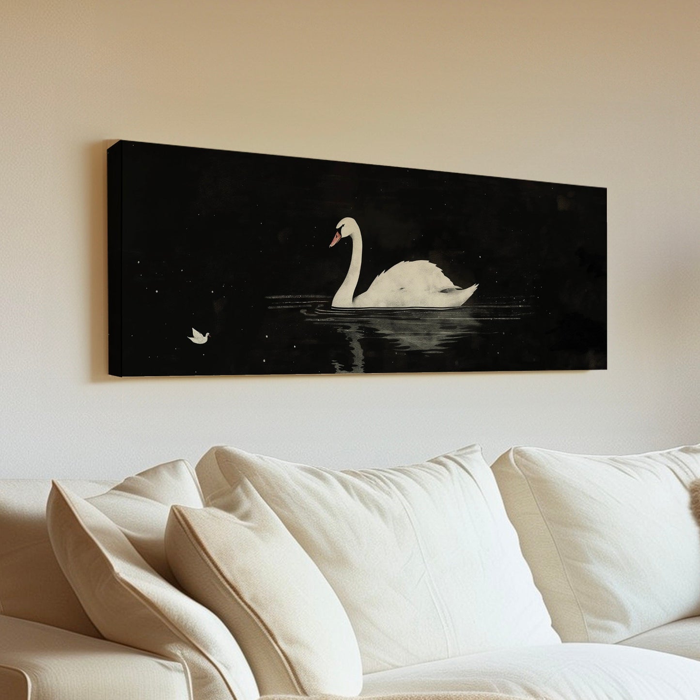 Lone Swan Above Bed Wall Art Black and White, Panoramic Farmhouse Canvas Print, Antique Long Horizontal Canvas Art