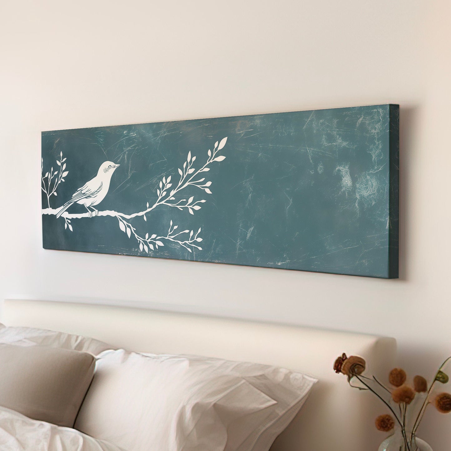 Lone Bird Above Bed Wall Art Sage Blue, Panoramic Neutral Canvas Print, Nature Long Horizontal Canvas Art