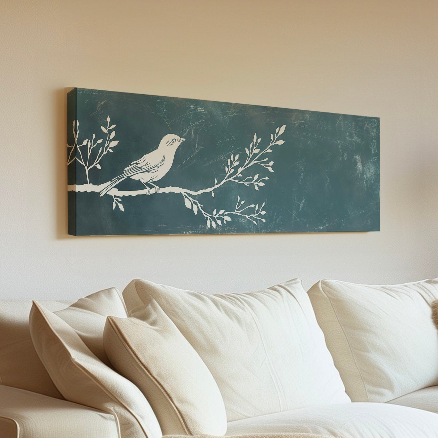 Lone Bird Above Bed Wall Art Sage Blue, Panoramic Neutral Canvas Print, Nature Long Horizontal Canvas Art