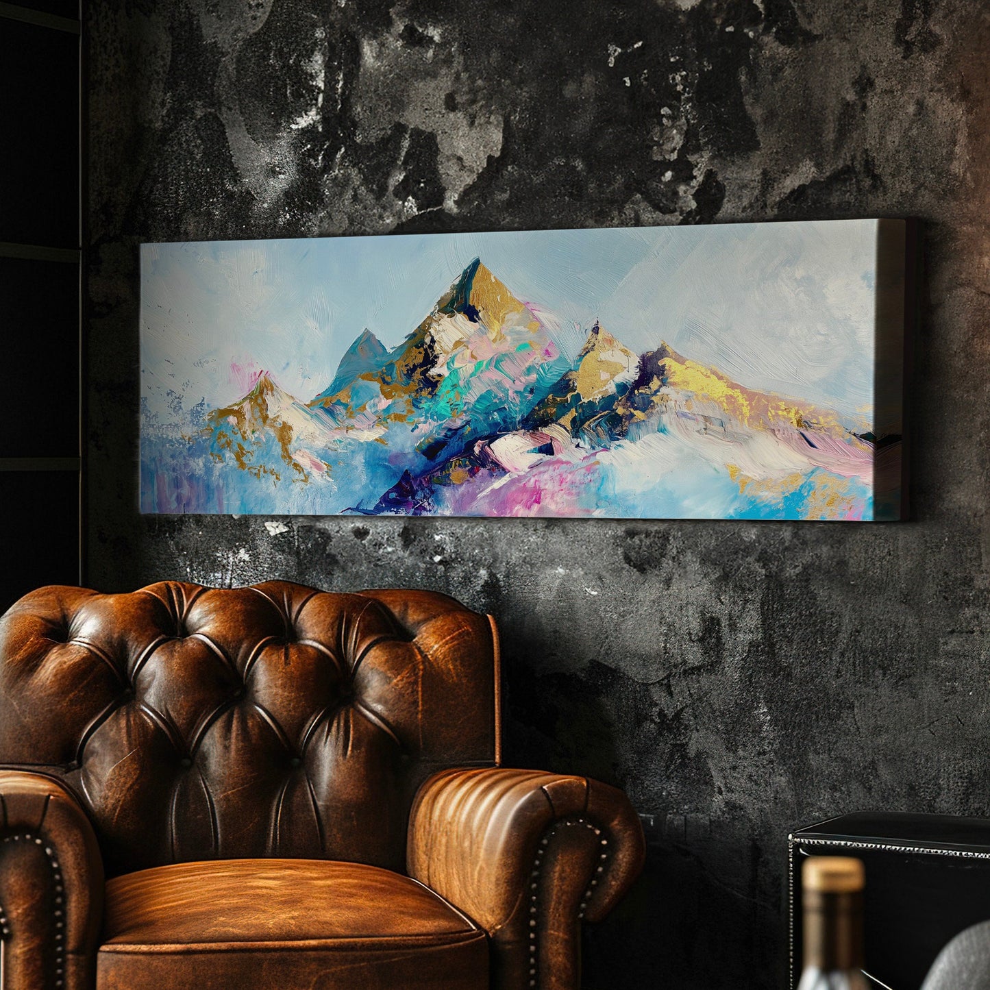 Imagined Mountains Above Bed Wall Art Fun Colors, Panoramic Minimal Canvas Print, Snowy Scene Long Horizontal Canvas Art