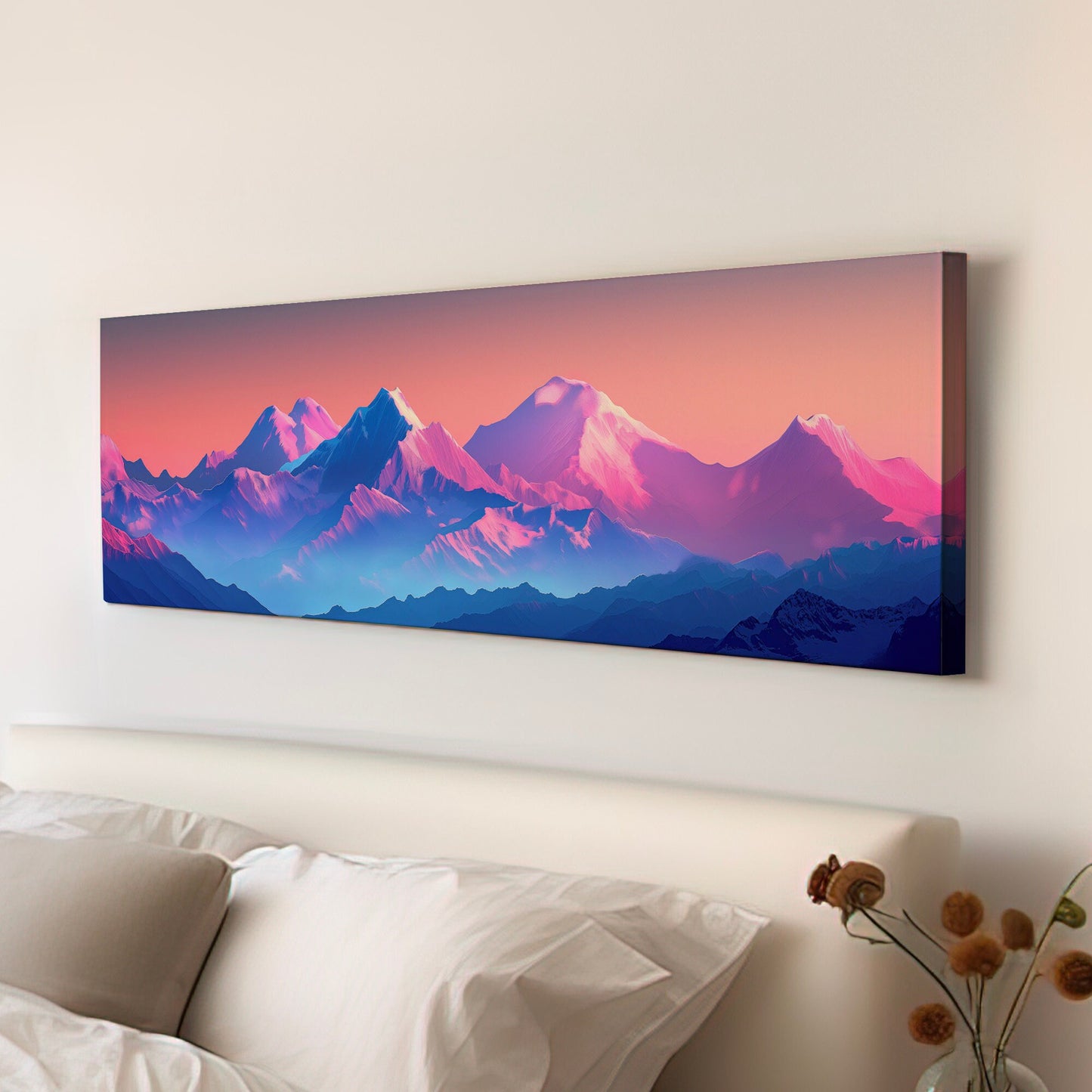Himalayas in Vibrant Colors Above Bed Wall Art Vaporwave, Panoramic Synthwave Canvas Print, Pink And Purple Long Horizontal Canvas Art