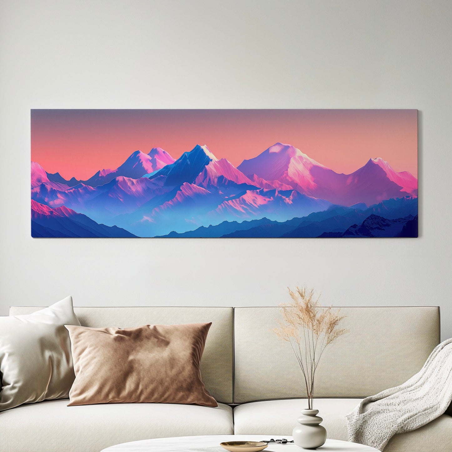 Himalayas in Vibrant Colors Above Bed Wall Art Vaporwave, Panoramic Synthwave Canvas Print, Pink And Purple Long Horizontal Canvas Art