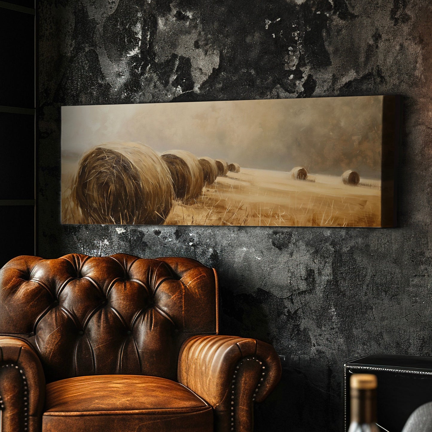 Hay Bales Above Bed Wall Art Countryside, Panoramic Farmhouse Canvas Print, Wheat Field Long Horizontal Canvas Art
