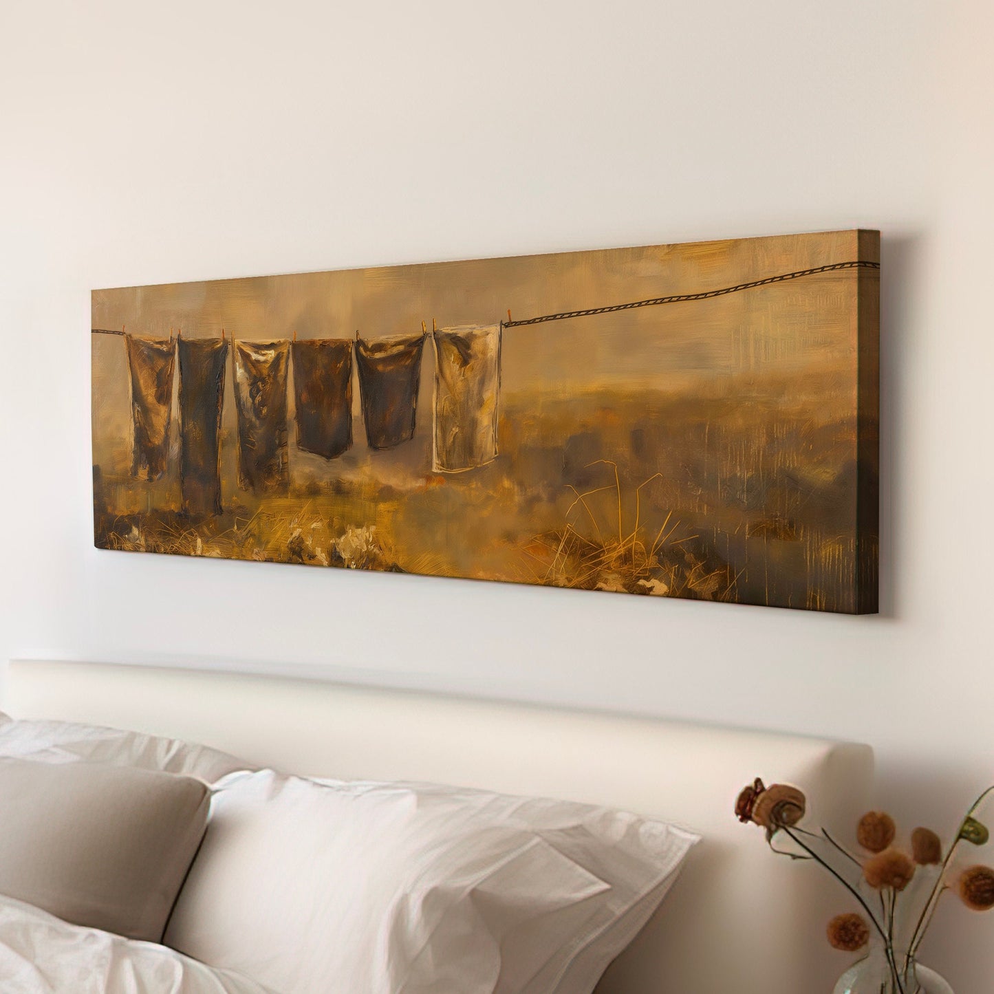 Hanging Clothes Above Bed Wall Art Countryside, Panoramic Farmhouse Canvas Print, Wheat Field Long Horizontal Canvas Art