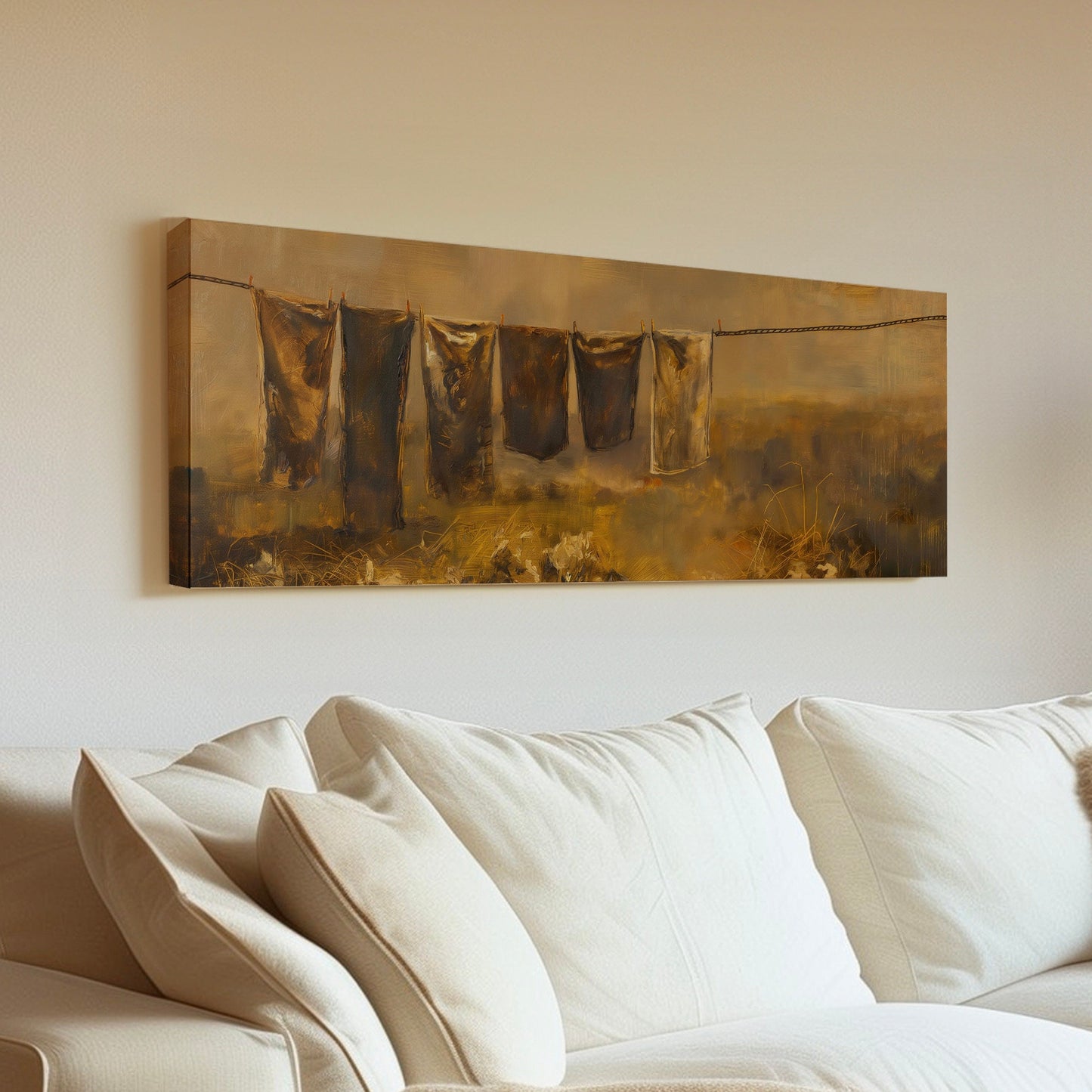 Hanging Clothes Above Bed Wall Art Countryside, Panoramic Farmhouse Canvas Print, Wheat Field Long Horizontal Canvas Art