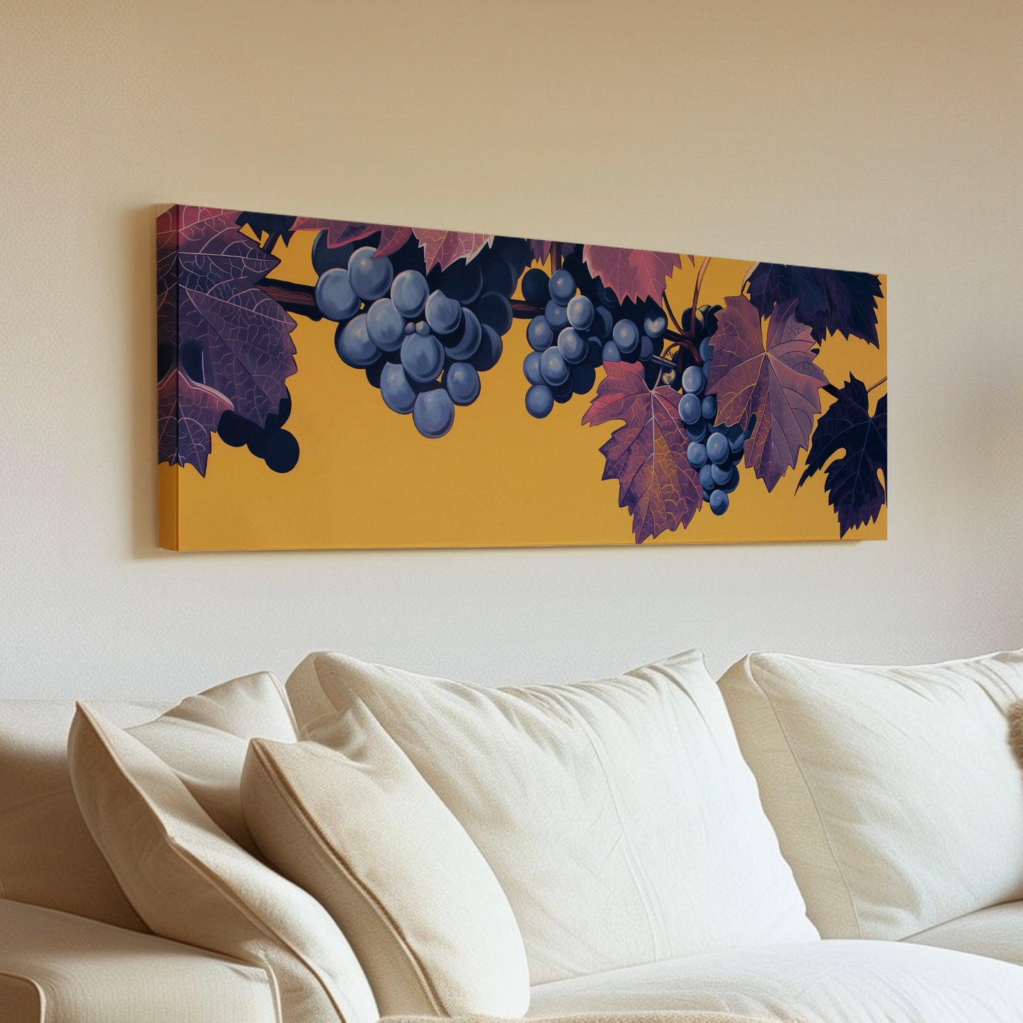Grape Branch Above Bed Wall Art Minimal, Panoramic Wine Tasting Canvas Print, Vineyard Long Horizontal Canvas Art