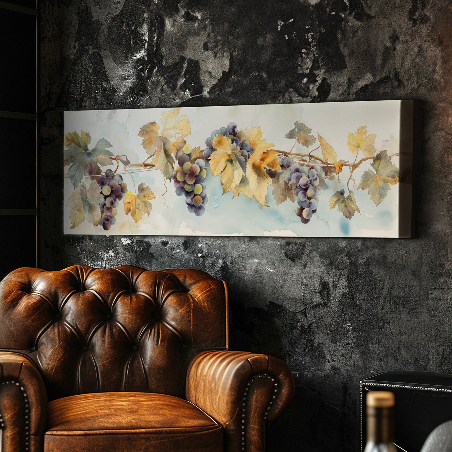 Grape Branch Above Bed Wall Art Countryside, Panoramic Wine Tasting Canvas Print, Vineyard Long Horizontal Canvas Art