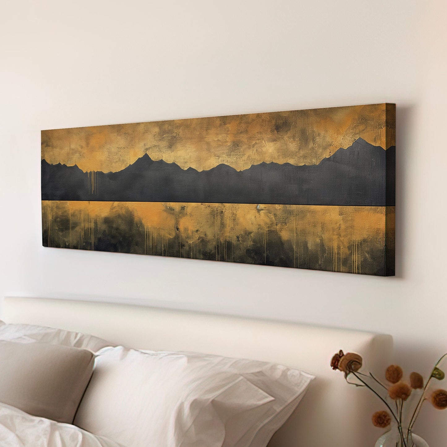 Golden Sunset By The Lake Above Bed Wall Art Mountain Landscape, Panoramic Abstract Canvas Print, Vintage Long Horizontal Canvas Art
