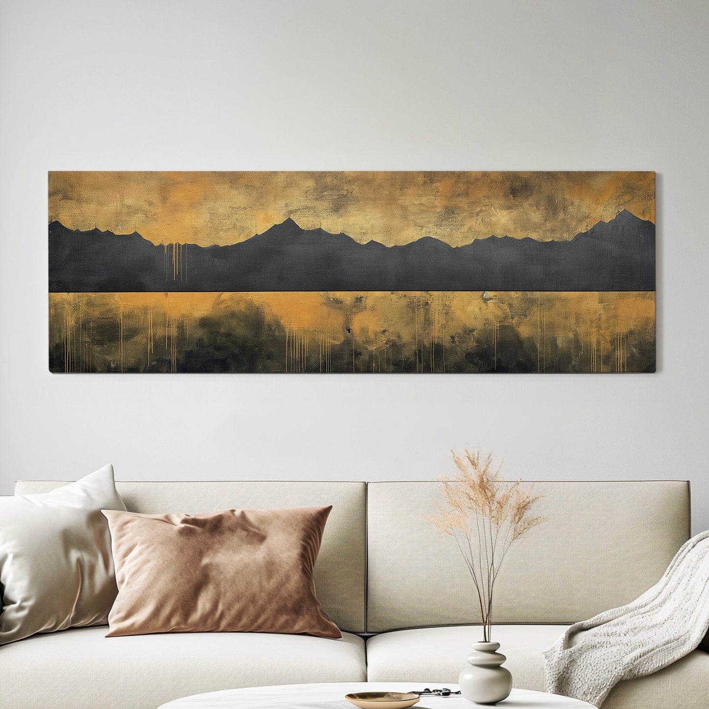 Golden Sunset By The Lake Above Bed Wall Art Mountain Landscape, Panoramic Abstract Canvas Print, Vintage Long Horizontal Canvas Art