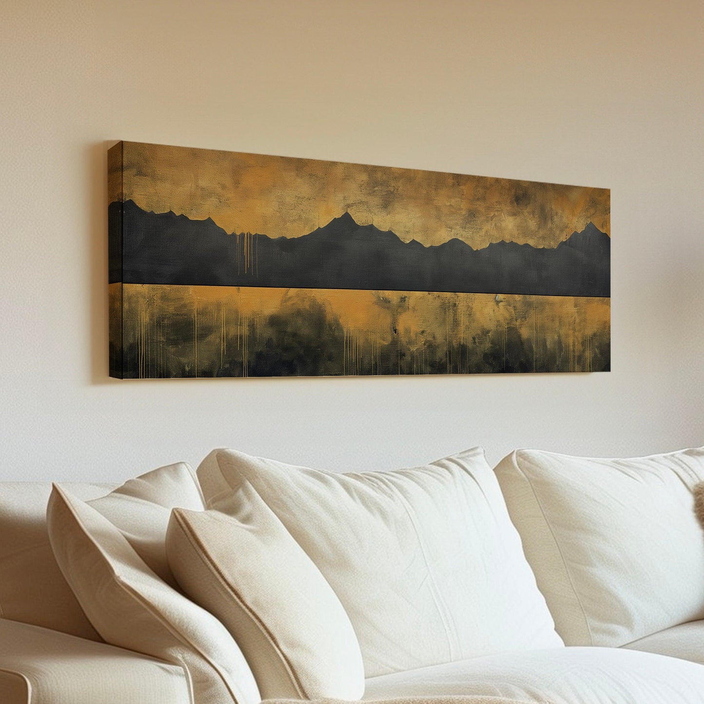 Golden Sunset By The Lake Above Bed Wall Art Mountain Landscape, Panoramic Abstract Canvas Print, Vintage Long Horizontal Canvas Art