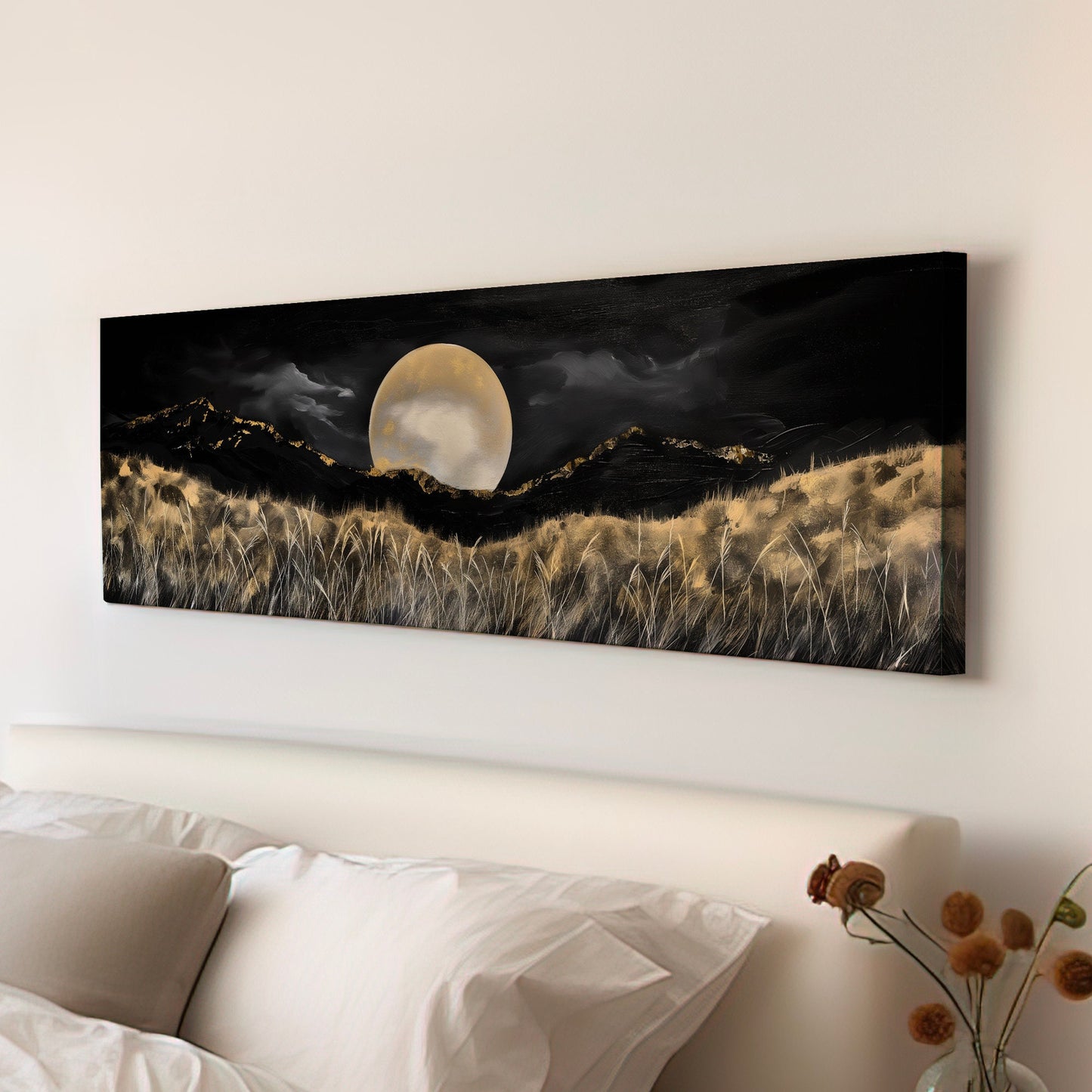 Full Moon above the Wildflowers Above Bed Wall Art Midnight, Panoramic Nature Canvas Print, Mystical Long Horizontal Canvas Art