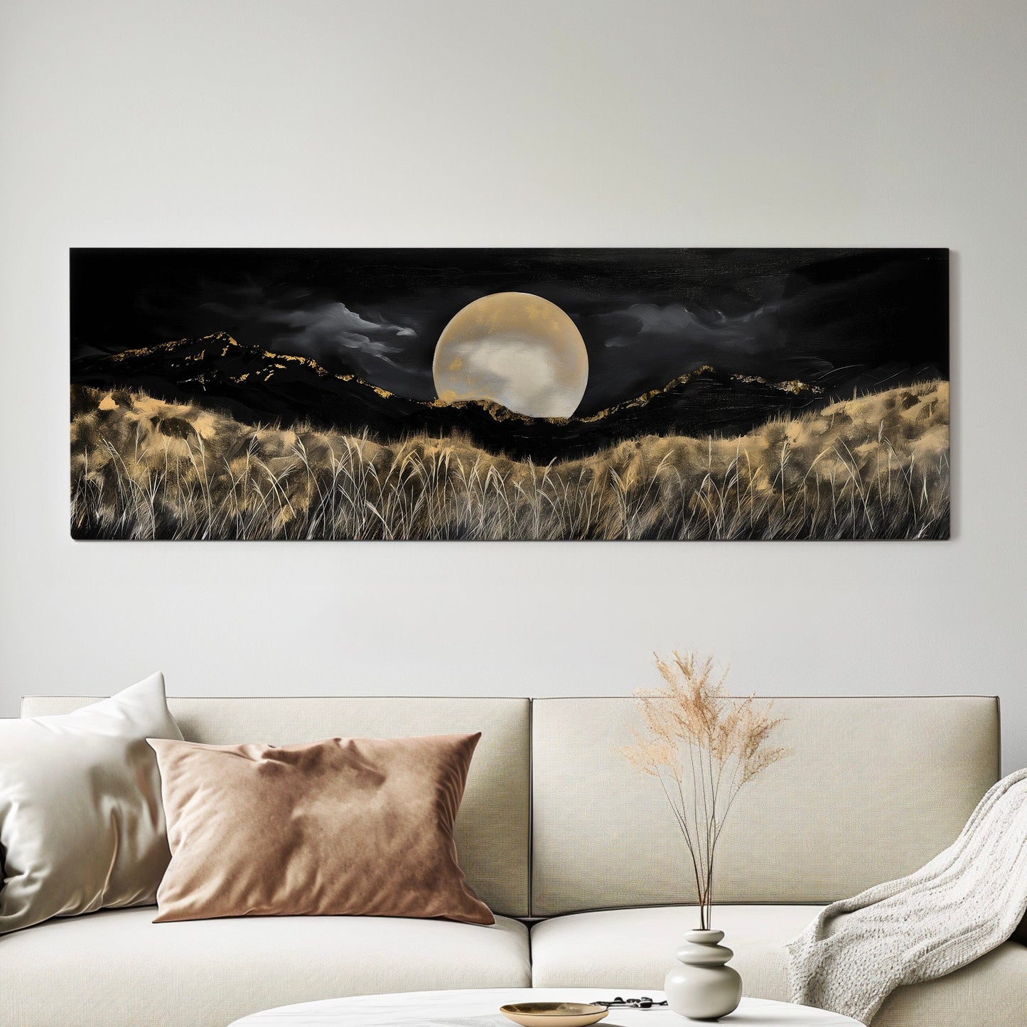 Full Moon above the Wildflowers Above Bed Wall Art Midnight, Panoramic Nature Canvas Print, Mystical Long Horizontal Canvas Art