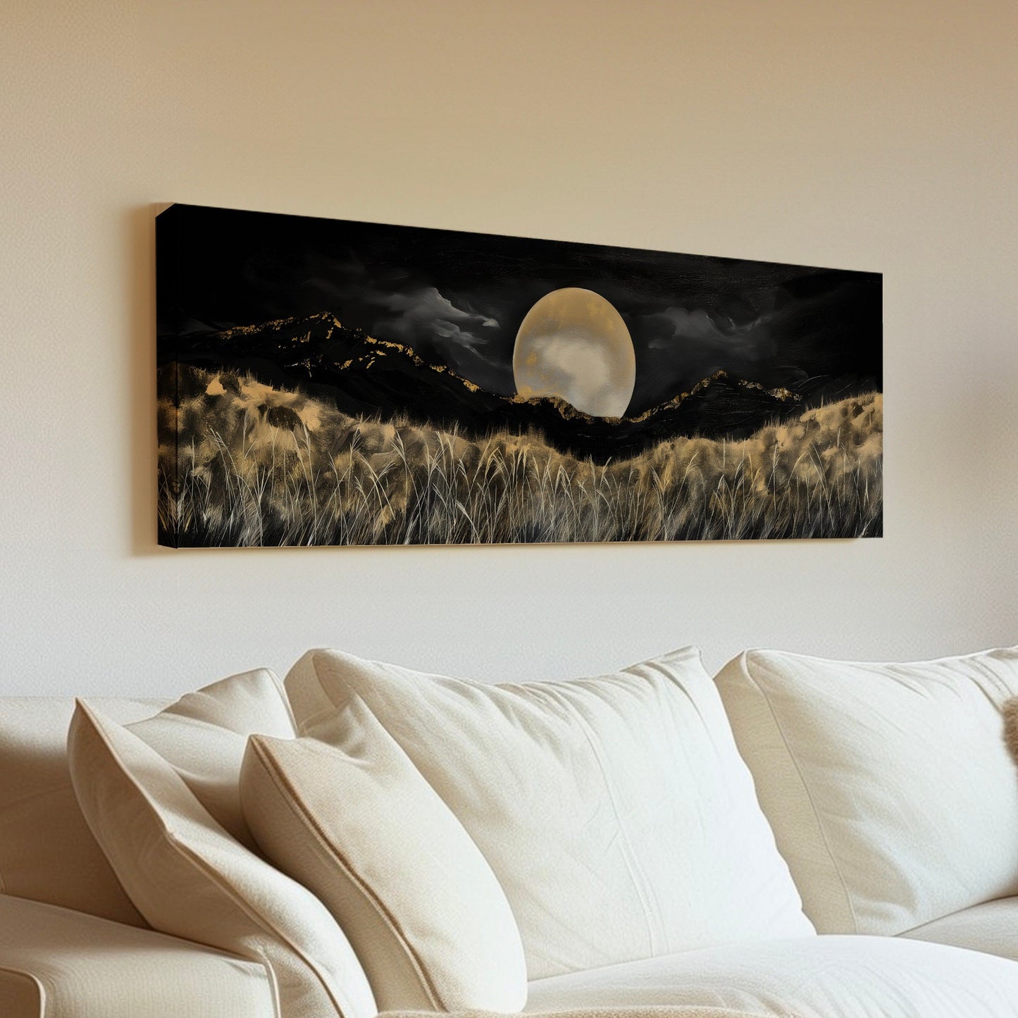 Full Moon above the Wildflowers Above Bed Wall Art Midnight, Panoramic Nature Canvas Print, Mystical Long Horizontal Canvas Art