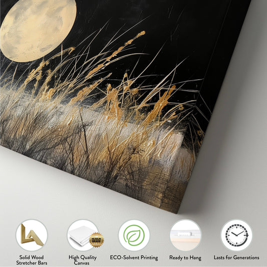 Full Moon above the Wildflower Field Above Bed Wall Art Midnight, Panoramic Nature Canvas Print, Gold and Black Long Horizontal Canvas Art