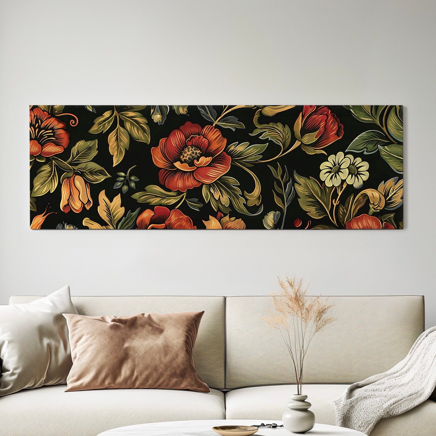 Dark Academia Floral Above Bed Wall Art Farmhouse, Panoramic Tapestry Canvas Print, Vintage Long Horizontal Canvas Art