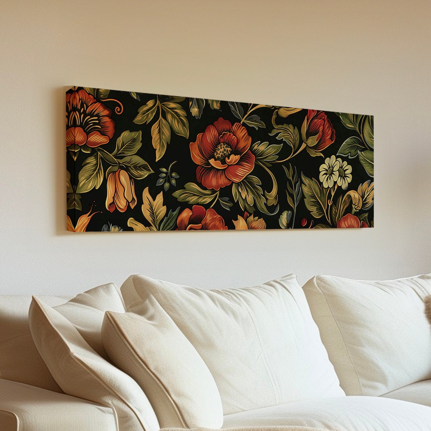Dark Academia Floral Above Bed Wall Art Farmhouse, Panoramic Tapestry Canvas Print, Vintage Long Horizontal Canvas Art